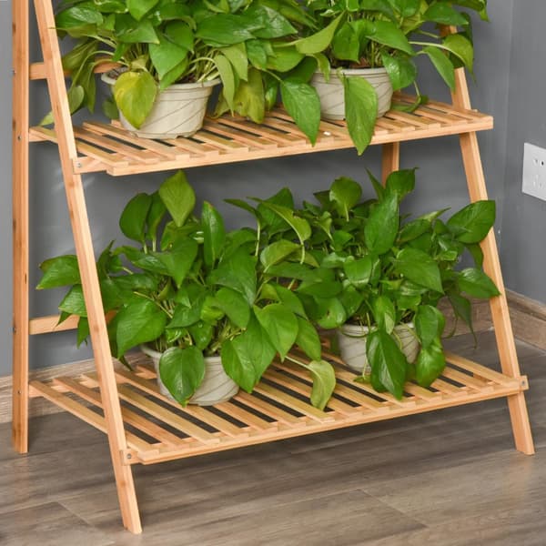 Treblomstertrapp Plantestativ Stige Hylle Justerbar Hengehøyde Blomsterstativ Hengende Bambus Naturlig Innendørs Utendørs 70 X 40 X 143 Cm