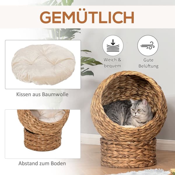 Rattan Cat Cave Cat Bed With Pute, Water Hyacinth Pet Bed, Lysebrun, 50X42X60Cm