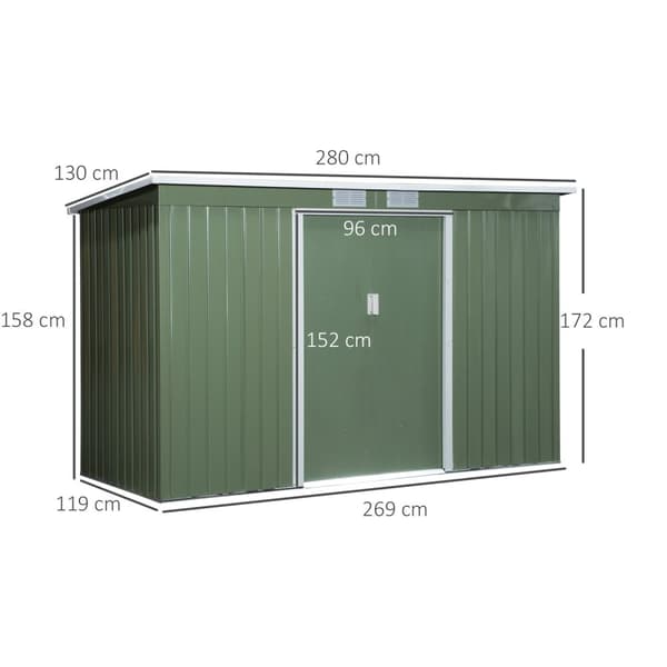 Outsolny Redskapsbod, Hageskur, Redskapsbod Med Skyvedør, Ventilasjonsvindu, Skrått Tak, Utendørs, Stål, Lysegrønn, 280 X 130 X 172 Cm