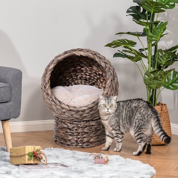 Rattan Cat Basket Cozy Cat Cave Pehmusteella, Lemmikkisänky Vesihyasintista, Tummanruskea, 42X33X52Cm