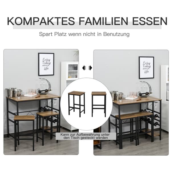 Barbordssæt, Barbord Med 2 Barstole, 3-Delt Køkkenbordssæt Med Flaskeholder, Spånplade, Stål, Natur + Sort