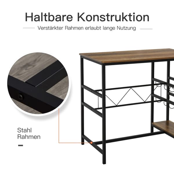 Barbordssæt, Barbord Med 2 Barstole, 3-Delt Køkkenbordssæt Med Flaskeholder, Spånplade, Stål, Natur + Sort