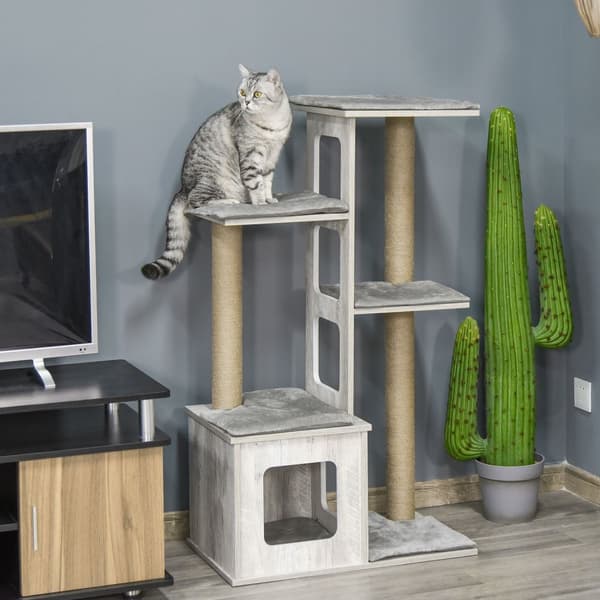 Cat Tree Multi-Tier Kradsestolpe Kattemøbler Aktivitetscenter Jute Plys Grå 67X38,5X114Cm