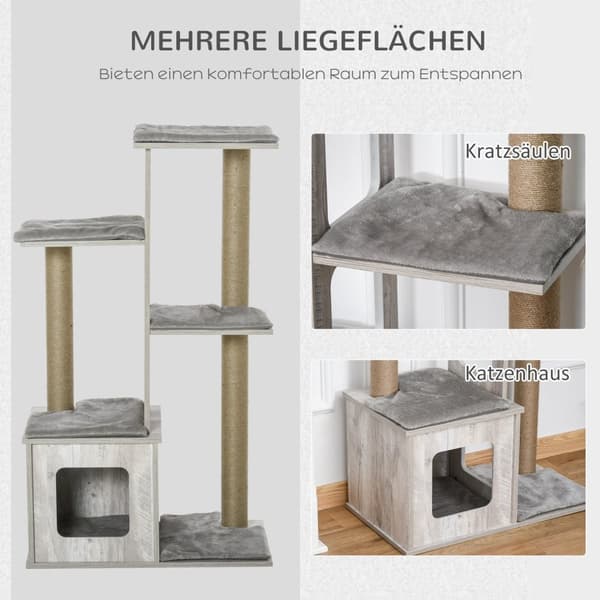 Cat Tree Multi-Tier Kradsestolpe Kattemøbler Aktivitetscenter Jute Plys Grå 67X38,5X114Cm