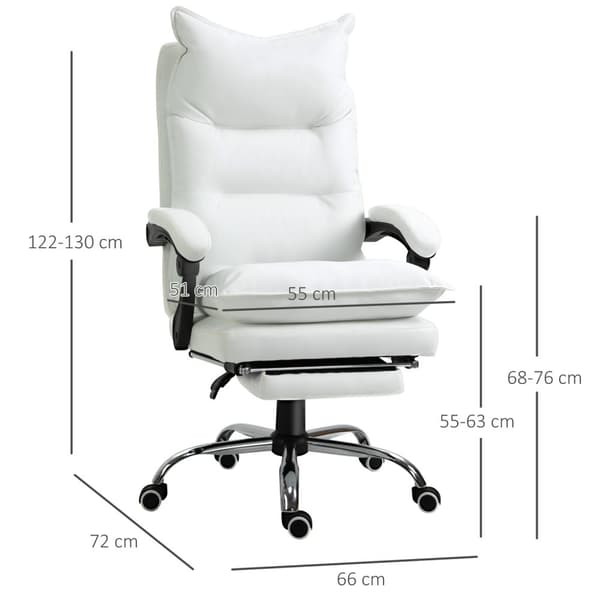 Kontorstol Med Fodstøtte, Højdejusterbar Skrivebordsstol, Drejestol, Ryglæn, Imiteret Læder, Hvid, 66 X 72 X 122-130 Cm