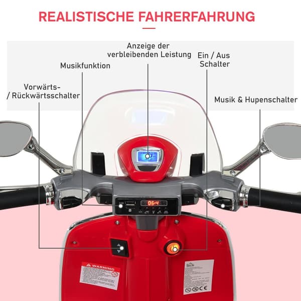 Elbil, Børnekøretøj, Børnemotorcykel, Elmotorcykel Med Mp3 Musikbelysning, 3-6 År, Pp, Rød, 108 X 49 X 75 Cm