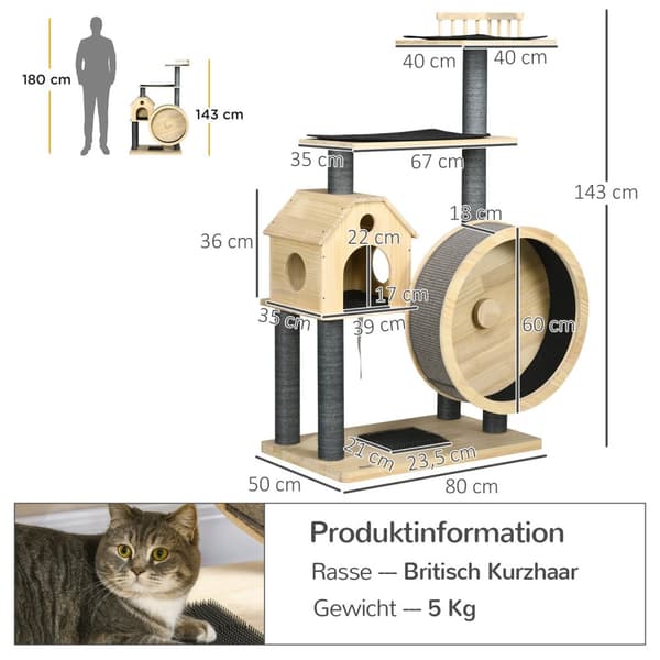 Cat Scratching Post House Med Balancehjul, 4 Etagers, Sisal Søjler, Cat Cave Lavet Af Fyrretræ, Naturligt, 80X50X143Cm