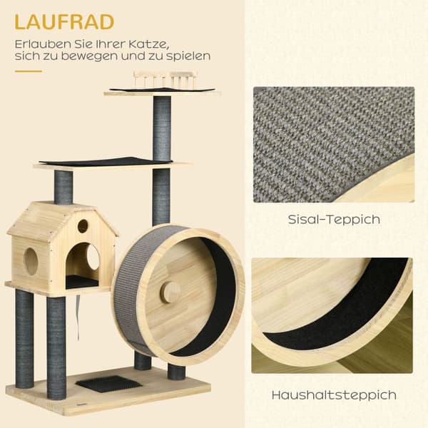 Cat Scratching Post House Med Balancehjul, 4 Etagers, Sisal Søjler, Cat Cave Lavet Af Fyrretræ, Naturligt, 80X50X143Cm