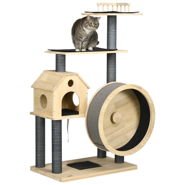 Cat Scratching Post House Med Balancehjul, 4 Etagers, Sisal Søjler, Cat Cave Lavet Af Fyrretræ, Naturligt, 80X50X143Cm