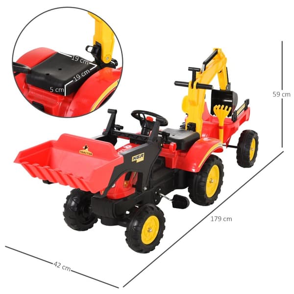 Pedaltraktor Med Henger, Pedalgraver, Traktor Med Frontlaster, Barnepedaltraktorer Fra 3 År, Gravemaskin, Barn, Stål, Plast, Rød, 179 X 42 X 59 Cm