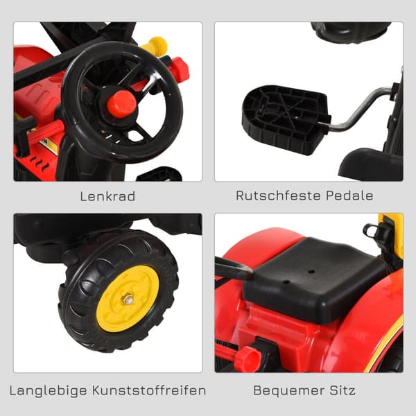 Pedaltraktor Med Henger, Pedalgraver, Traktor Med Frontlaster, Barnepedaltraktorer Fra 3 År, Gravemaskin, Barn, Stål, Plast, Rød, 179 X 42 X 59 Cm