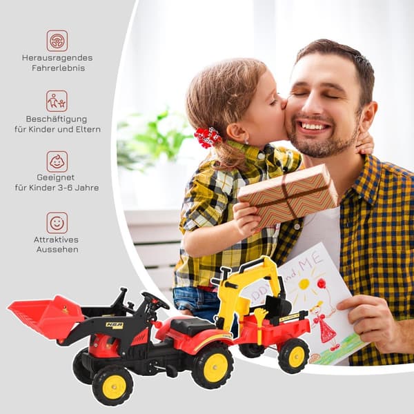 Pedaltraktor Med Henger, Pedalgraver, Traktor Med Frontlaster, Barnepedaltraktorer Fra 3 År, Gravemaskin, Barn, Stål, Plast, Rød, 179 X 42 X 59 Cm