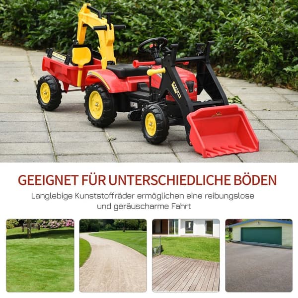 Pedaltraktor Med Henger, Pedalgraver, Traktor Med Frontlaster, Barnepedaltraktorer Fra 3 År, Gravemaskin, Barn, Stål, Plast, Rød, 179 X 42 X 59 Cm