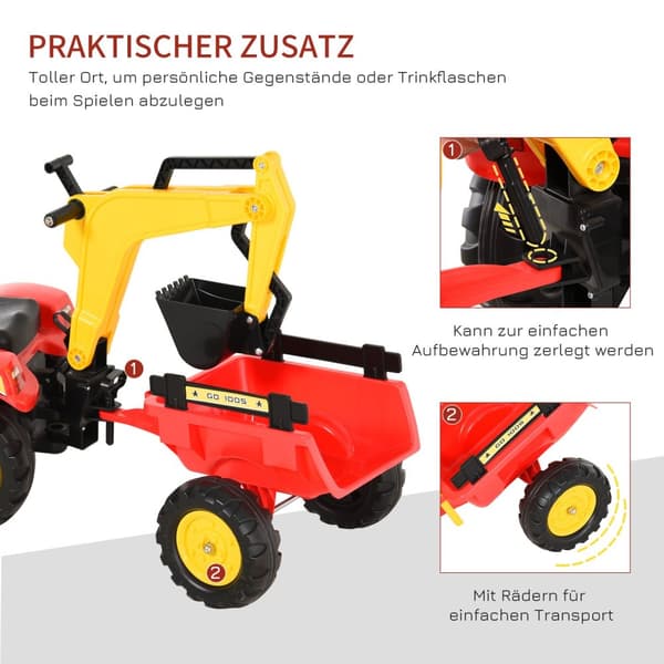 Pedaltraktor Med Henger, Pedalgraver, Traktor Med Frontlaster, Barnepedaltraktorer Fra 3 År, Gravemaskin, Barn, Stål, Plast, Rød, 179 X 42 X 59 Cm
