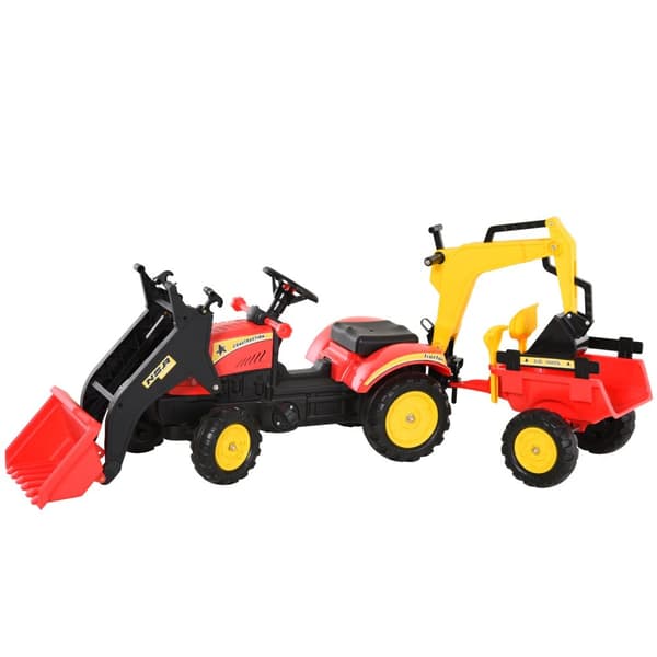 Pedaltraktor Med Henger, Pedalgraver, Traktor Med Frontlaster, Barnepedaltraktorer Fra 3 År, Gravemaskin, Barn, Stål, Plast, Rød, 179 X 42 X 59 Cm