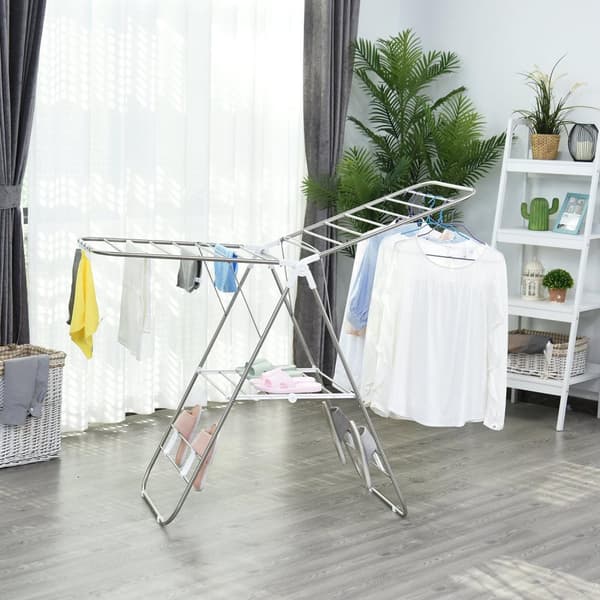 Tøj Airer Foldbar Bærbar Vingetørrer Teleskopstænger Rustfrit Stål Plast Sølv + Hvid 146X60.5X98Cm