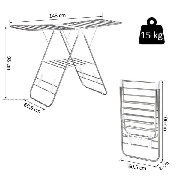 Tøj Airer Foldbar Bærbar Vingetørrer Teleskopstænger Rustfrit Stål Plast Sølv + Hvid 146X60.5X98Cm