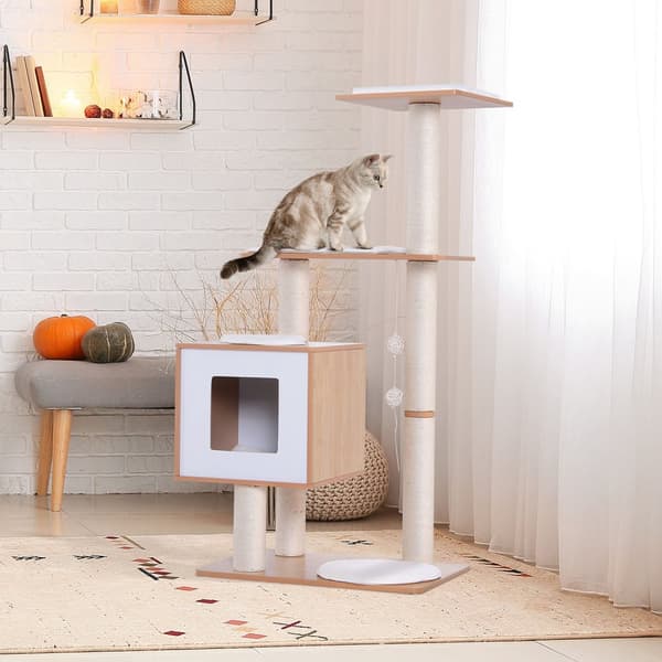 Cat Kradsestolpe Klatretræ Med Sisal, Polstring Og Legetøjsbold, Naturlig, 71,5X49,5X120 Cm