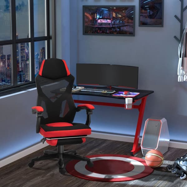 Gaming Stol Skrivebordsstol Ergonomisk Kontorstol Med Fotstøtte Høydejusterbar Polyester Sort + Rød 58 X 72 X 112-122 Cm