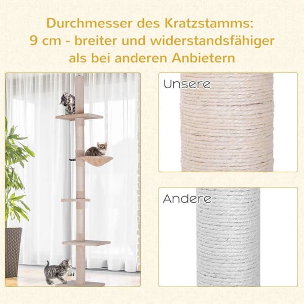 Skrapstolpe I Tak Högt Beige Höjdjusterbart Kattträd Med Sisalpelare, För Klättring Och Repning, 40X34X230-260Cm