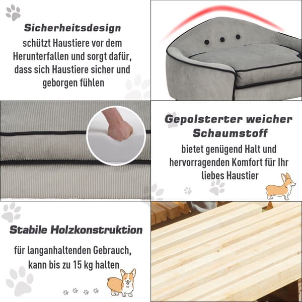 Pet Sofa Hyggelig Hundeseng Lavet Af Naturligt Træ Og Plys, Grå, 66,5X45X35,5 Cm