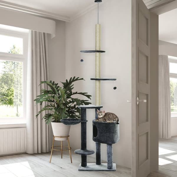 Cat Klatrestativ Takhøy Skrapestolpe Med Sisal-Søyler, 220-265 Cm, Katteklatretre, Mørkegrå