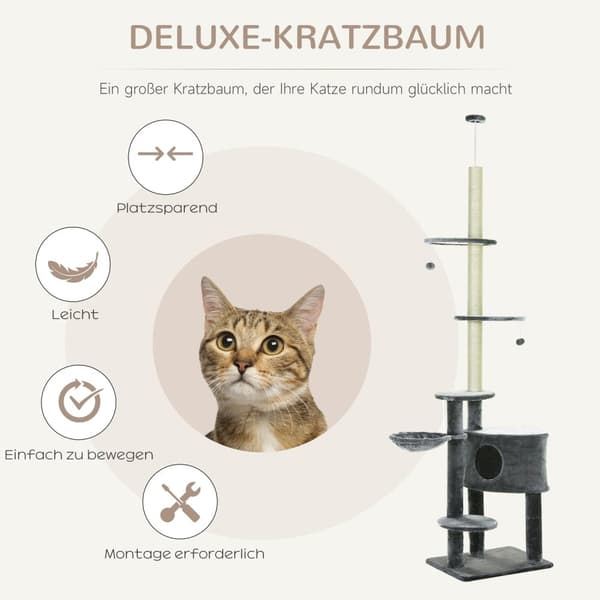 Cat Klatrestativ Takhøy Skrapestolpe Med Sisal-Søyler, 220-265 Cm, Katteklatretre, Mørkegrå