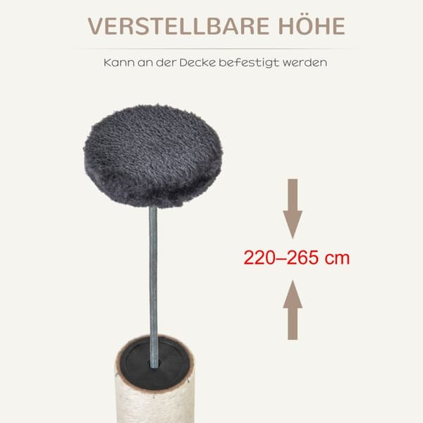 Cat Klatrestativ Takhøy Skrapestolpe Med Sisal-Søyler, 220-265 Cm, Katteklatretre, Mørkegrå