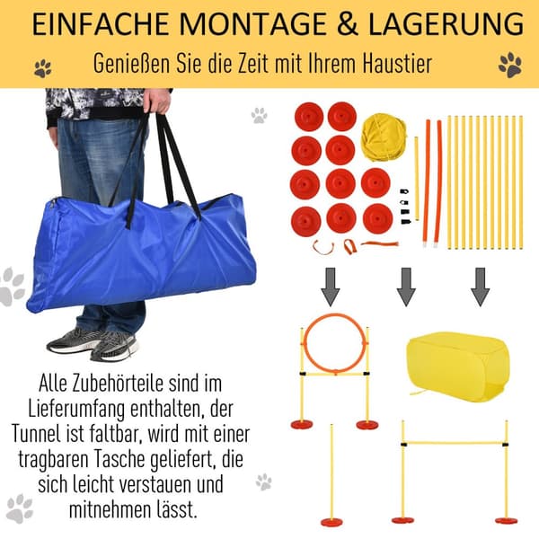 Dog Agility Hæksæt, Hundetræningssæt, Forhindringsbane, Plastik, Polyester, Gul, 128 X 23 X 9-100 Cm