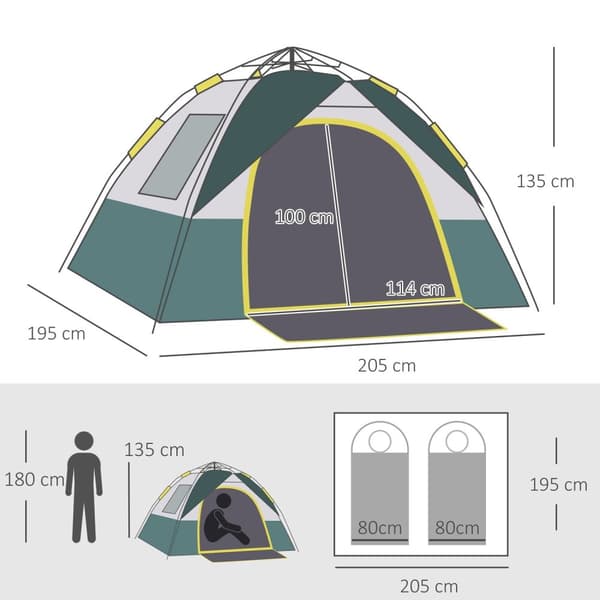 Kuppeltelt 3 Personer Polyester Grøn 205X195X135Cm Pløkker