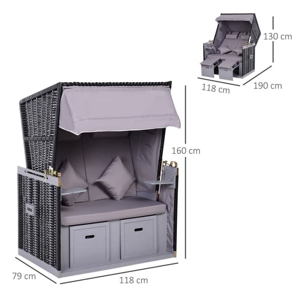 Beach Stol Full Recliner Dobbel Solseng Med Tak Hage Solseng Koppholder Sjeselong Pe Rattan Grå 118 X 79 X 50 Cm