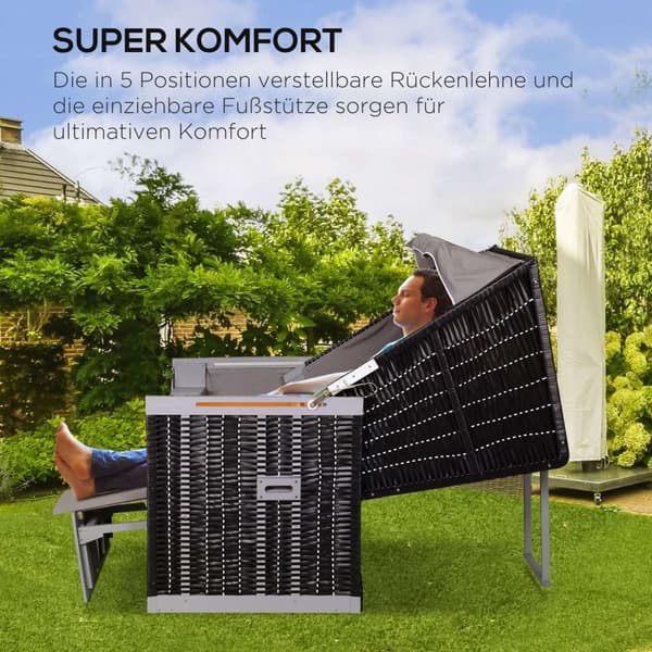 Beach Stol Full Recliner Dobbel Solseng Med Tak Hage Solseng Koppholder Sjeselong Pe Rattan Grå 118 X 79 X 50 Cm