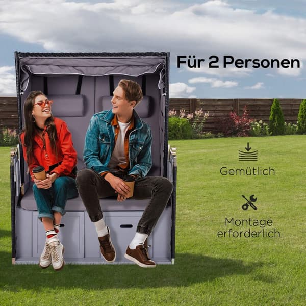 Beach Stol Full Recliner Dobbel Solseng Med Tak Hage Solseng Koppholder Sjeselong Pe Rattan Grå 118 X 79 X 50 Cm