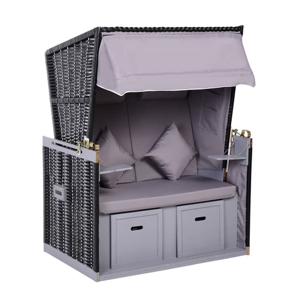 Beach Stol Full Recliner Dobbel Solseng Med Tak Hage Solseng Koppholder Sjeselong Pe Rattan Grå 118 X 79 X 50 Cm