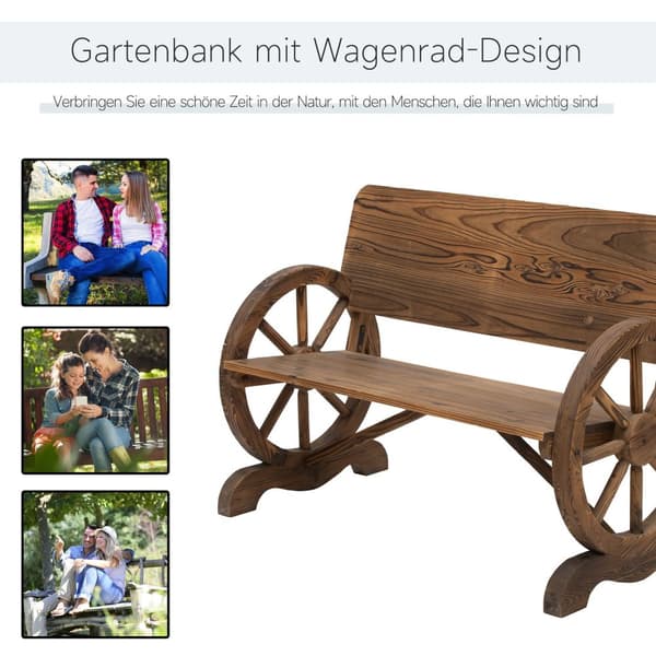 Havebænk Med Armlæn, Designbænk Med Vognhjul, Havemøbler, Rustik Bænk, Massivt Træ, Brun, 114 X 58 X 80 Cm