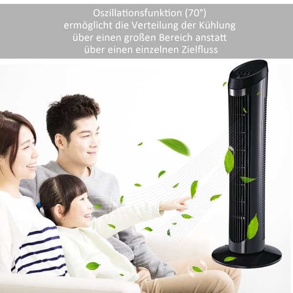 Tårnvifte Pidestallvifte Med 3 Ventilasjonsnivåer, 70° Oscillasjon, 45 W, Abs, Svart, Ø27 X H75 Cm