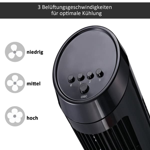 Tårnvifte Pidestallvifte Med 3 Ventilasjonsnivåer, 70° Oscillasjon, 45 W, Abs, Svart, Ø27 X H75 Cm