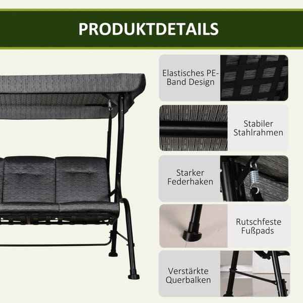 Hollywood-Huske, 3-Seters Hagehuske, Justerbar Solseil, Textline Grå 200 X 120 X 170 Cm
