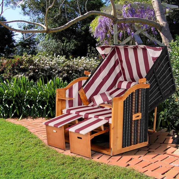 Beach Chair Dubbel Solstol Med Tak Dubbel Solstol Med Dryckeshållare Schäslong 5-Vånings Ryggstöd Pe Rotting Röd+Vit 118X79X160Cm