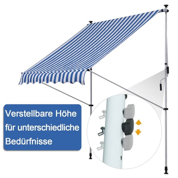 Markise, Foldearmsmarkise, Høydejusterbar Klemmemarkise, 200X150Cm, Blå/Hvit, Aluminium