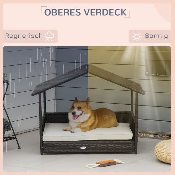 Hundehus I Rattan Med Hynde, Husformet Hundeseng, Udendørs Hundehus, Stålstel, Pp, Kaffebrun, 98 X 69 X 73 Cm
