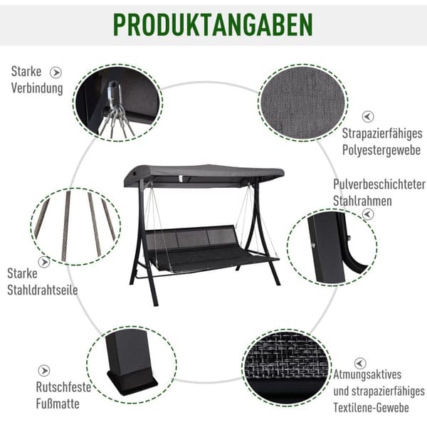 Hollywood Gynge Grå 3-Personers Havegynge Med Justerbar Solsejl, 200X115X168Cm
