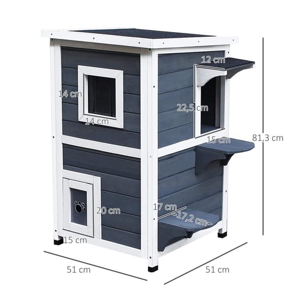 Cat House Grå Kattevilla I 2 Plan Med Trapper, Asfalttag Og Vinduer, Grantræ, 51X51X81,3 Cm