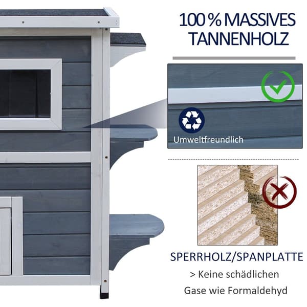 Cat House Grå Kattevilla I 2 Plan Med Trapper, Asfalttag Og Vinduer, Grantræ, 51X51X81,3 Cm