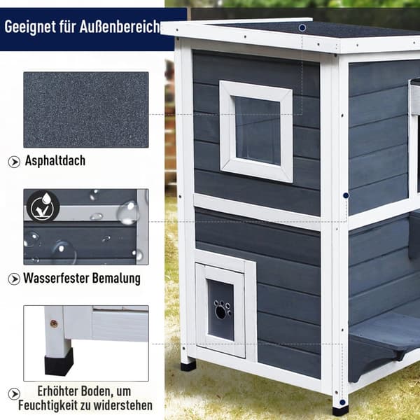 Cat House Grå Kattevilla I 2 Plan Med Trapper, Asfalttag Og Vinduer, Grantræ, 51X51X81,3 Cm