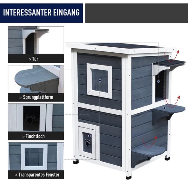 Cat House Grå Kattevilla I 2 Plan Med Trapper, Asfalttag Og Vinduer, Grantræ, 51X51X81,3 Cm