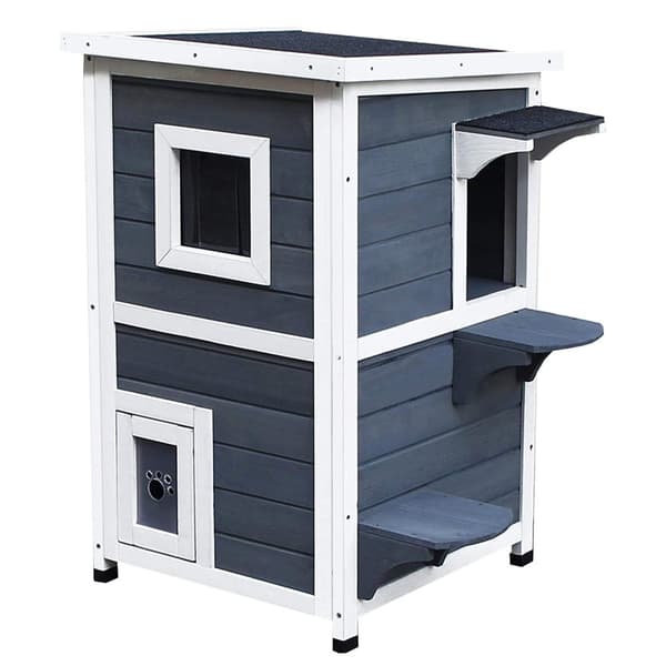 Cat House Grå 2-Etasjes Kattevilla Med Trapper, Asfalttak Og Vinduer, Grantre, 51X51X81,3Cm