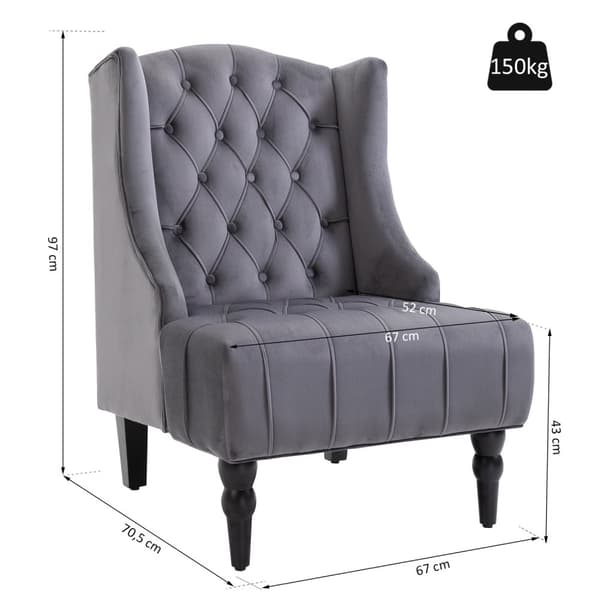 Enkeltstol Vingestol Avslapningsstol Med Tuftede Hevede Ben Fløyelsstoff Grå 67 X 70,5 X 97 Cm