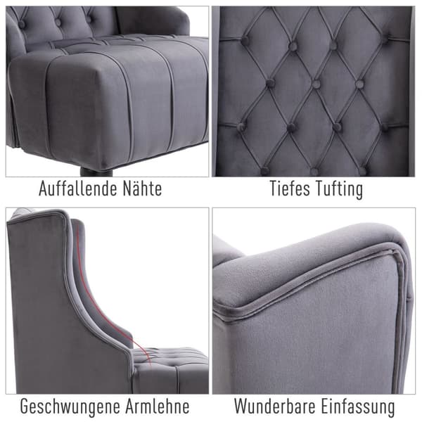 Enkeltstol Vingestol Avslapningsstol Med Tuftede Hevede Ben Fløyelsstoff Grå 67 X 70,5 X 97 Cm