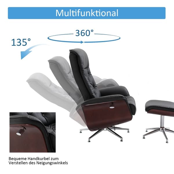Rentoutustuoli Jakkaralla Tv Tuoli Pehmustettu Tuoli 360° Kääntyvä 145° Kallistettava Chesterfield Pu Kansi Puupanelointi Metallijalusta 82X83X110Cm